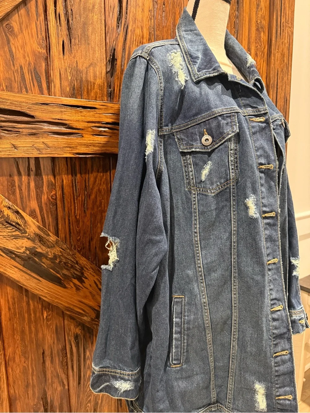 torrid Distressed Long Blue Denim Jacket